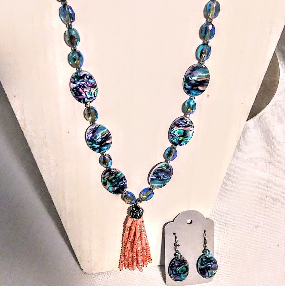 Abstract Semi precious  crystal necklace, beaded tassel,& matching earrings set
